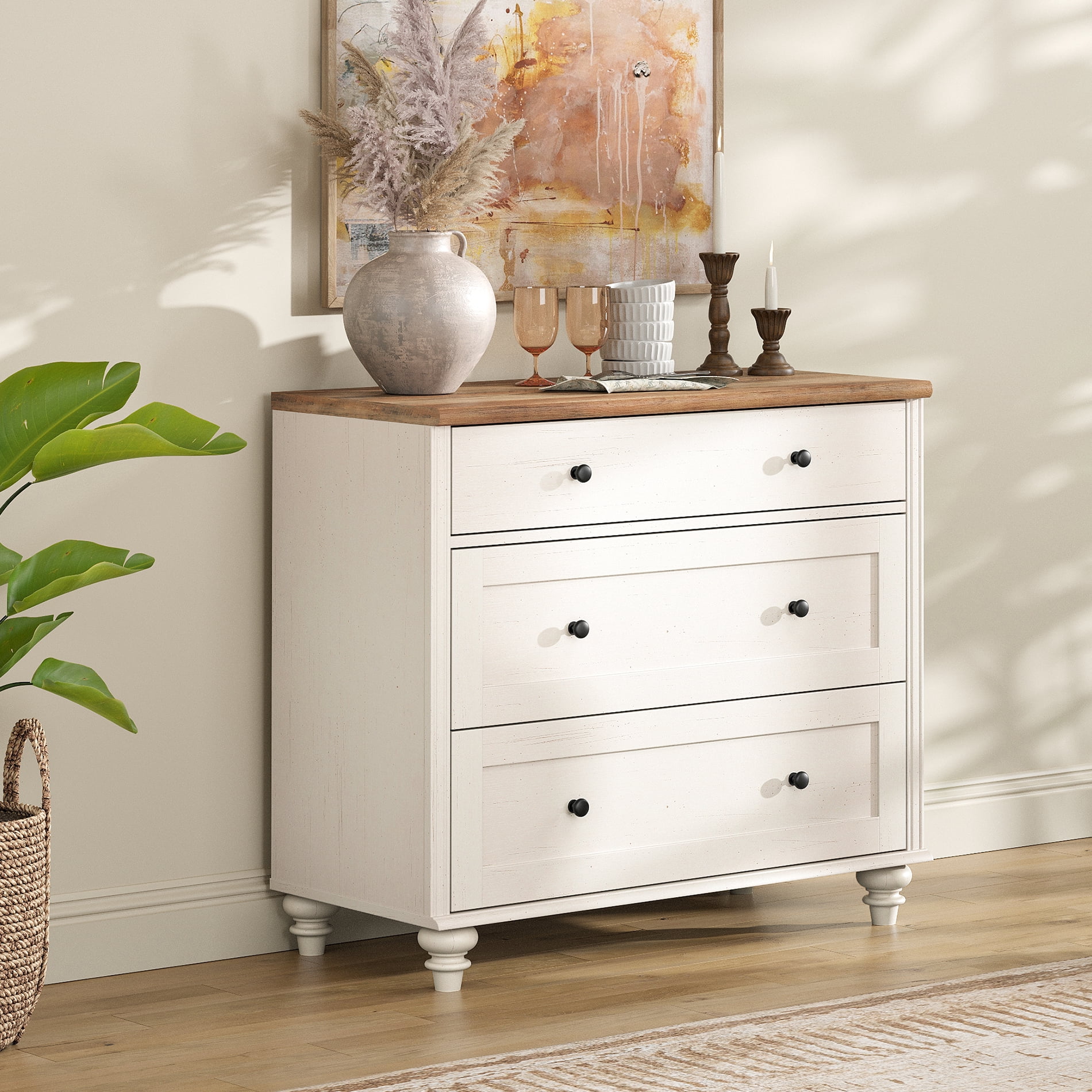 Farmhouse End Table with 3 Drawers, Large Wood Bedside Table Night Stand, Wide Sofa Side End Table 3 Drawers Chest of Dresser for Living Room, Bedroom, White