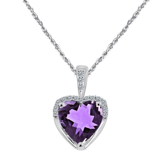 Mauli Jewels Engagement Necklace for Women 1.83 Carat Adorable Diamond And Heart Shape Amethyst Gemstone Pendant Prong-Setting 10K White Gold With 18'' Box Chain|Silver Chain