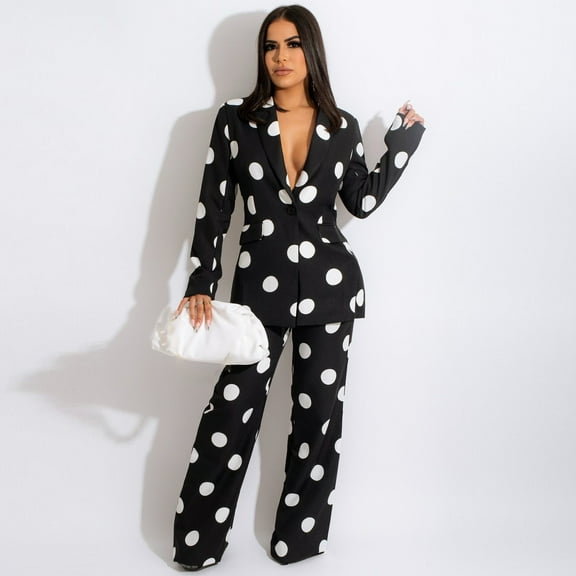 Aboser Women's Blazer Sets 2 Piece Outfits Trendy Dot Print Deep V Jacket and Pants Business Set Elegant Work Suit Set