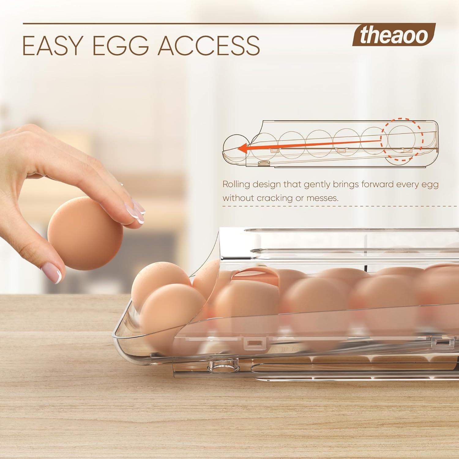 Egg Holder for Fridge, Automatic Rolling Egg Container for Refrigerator, Clear Plastic Egg Dispenser, Stackable Eggs Organizer with Quick Removable inner Tray For Organizers and Storage, 1Pack