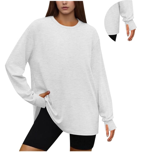 Soft Long Sleeve Workout Tops for Women Crew Neck Thumb Holes Golf Running Hiking Athletic Oversize Shirts (XL, White)