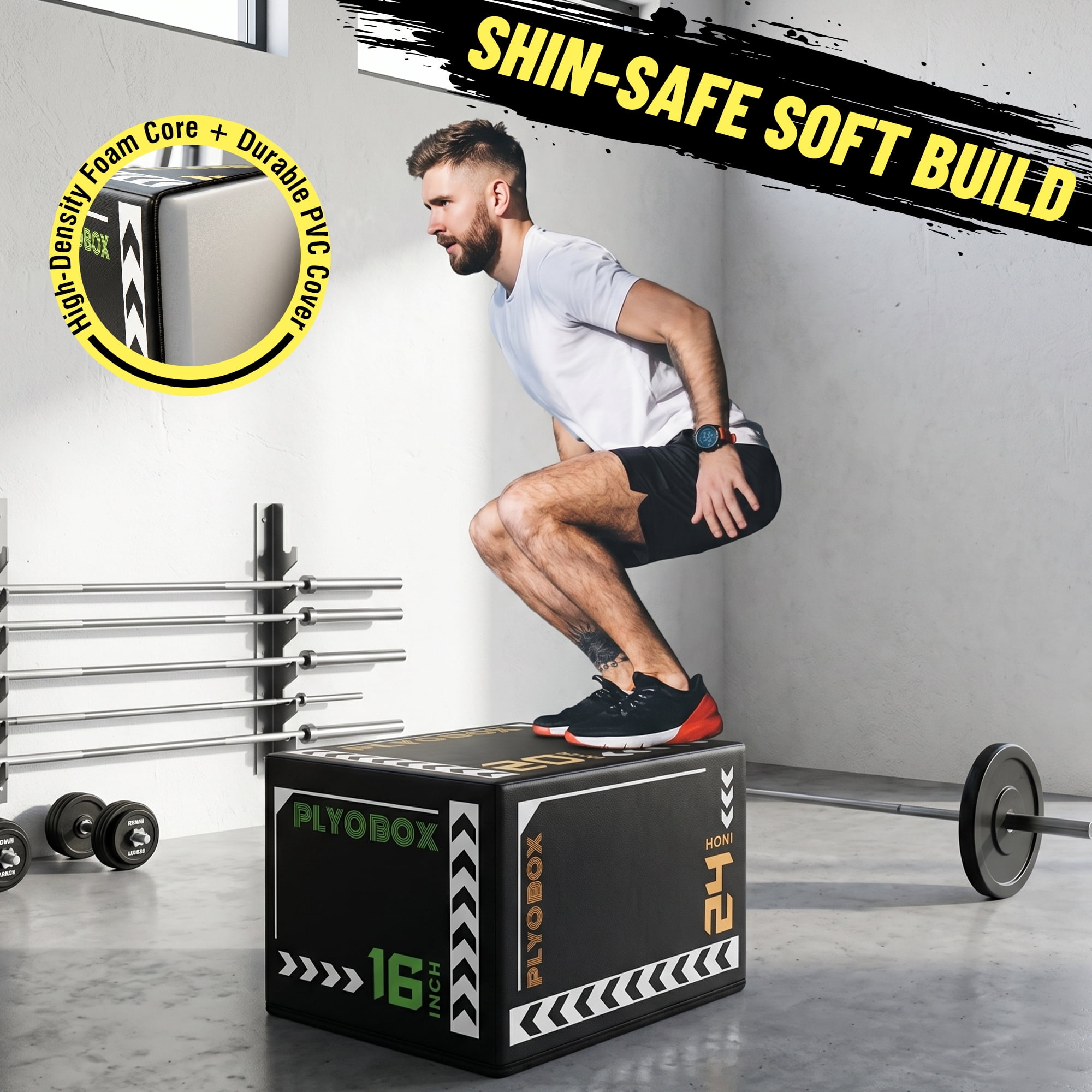 Leumius 3-in-1 Foam Plyometric Jump Box for Home Gym,16/20/24 Inch Multiple Height Options,Versatile Plyo with Non-Slip Surface for Strength, HIIT, Step-Ups, and Agility Training,Black