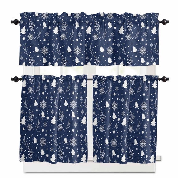 Christmas Snowflakes Kitchen Curtains and Valances Set, Trees Leaves Blue White Retro Rod Pocket Window Valance 18 Inch Window Curtain Panels for Living Room Bedroom Laundry, 27.5x36in, 3 Pieces