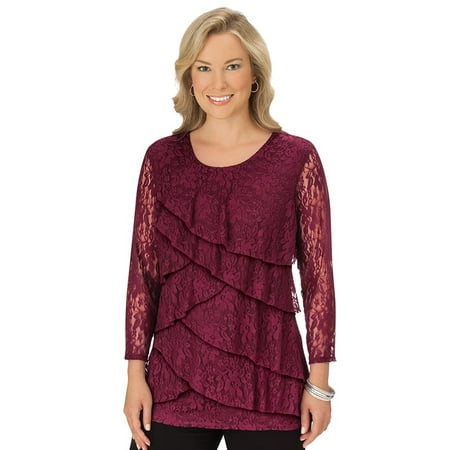 - women's lace all over tiered ruffle trim top - elegant front layered waterfall design, large, wine
