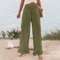 thumbnail image 4 of Wide Leg Linen Pants for Women High Waisted Ruffle Hem Palazzo Pants Boho Summer Casual Loose Flowy Pant Trousers Army Green 2XL, 4 of 7