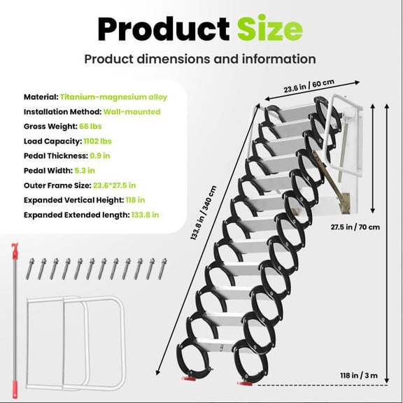 Muweixin Titanium-Magnesium Alloy Wall-Mounted Attic Stairs, Easy Install Telescopic Loft Ladder with Safety Handrail, for Home Attic and Garage