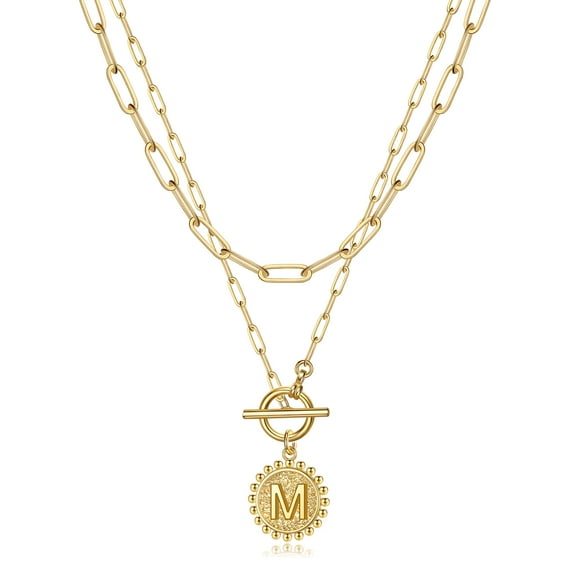 TINGN Gold Layered Initial Necklaces for Women 14K Gold Plated Layering Paperclip Link Choker Necklace Personalized Disc Initial Pendant Gold Necklaces for Women Jewelry Gifts