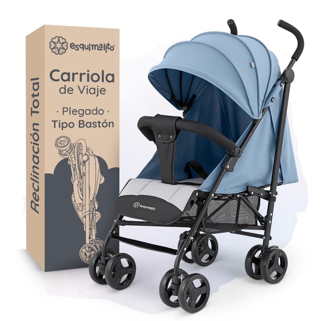 ESQUIMAL Carriola de Bastón para Bebé, Carreola de Viaje, Plegable y Ligera, Con Toldo Amplio, Respaldo Ajustable 4 Posiciones, Reclinación Total (Azul - Gris)