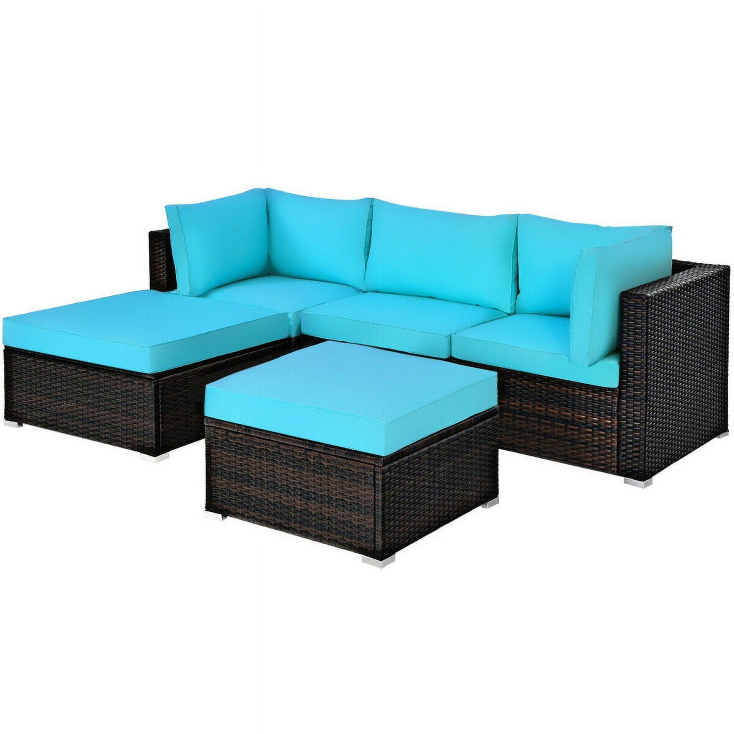 Aimee Lii 5 Pieces Patio Rattan Sectional Conversation Ottoman Furniture Set, Outdoor Patio Set, Blue Aimee Lii 5 Pieces Patio Rattan Sectional Conversation Ottoman Furniture Set, Outdoor Patio Set, Blue