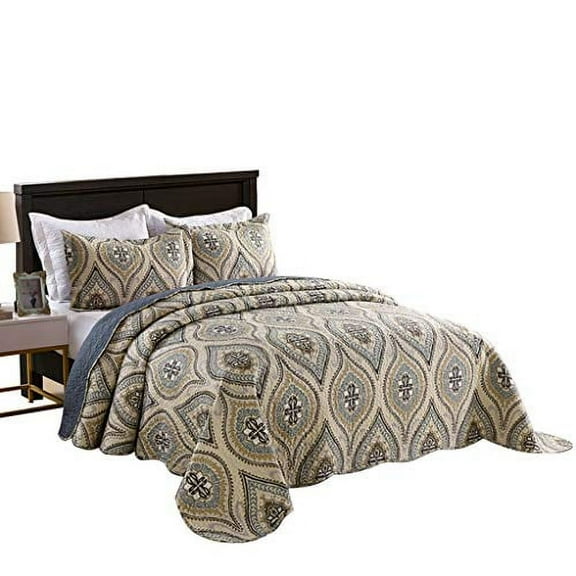 MarCielo 3 Piece Quilted Bedspread Queen, Printed Quilt, Quilt Set Bedding Throw Blanket Coverlet Oversize Lightweight Bedspread Ensemble, Dark Grey Queen Size, Joni