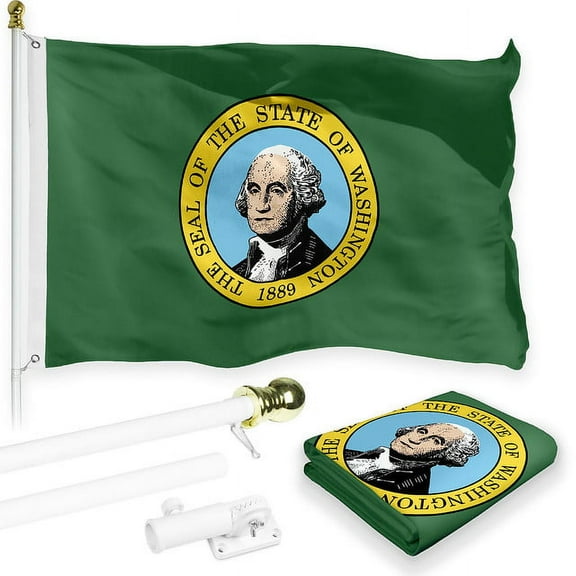 G128 Combo Pack: 6 Feet Tangle Free Spinning Flagpole (White) Washington WS State Flag 3x5 ft Printed 150D Brass Grommets (Flag Included) Aluminum Flag Pole