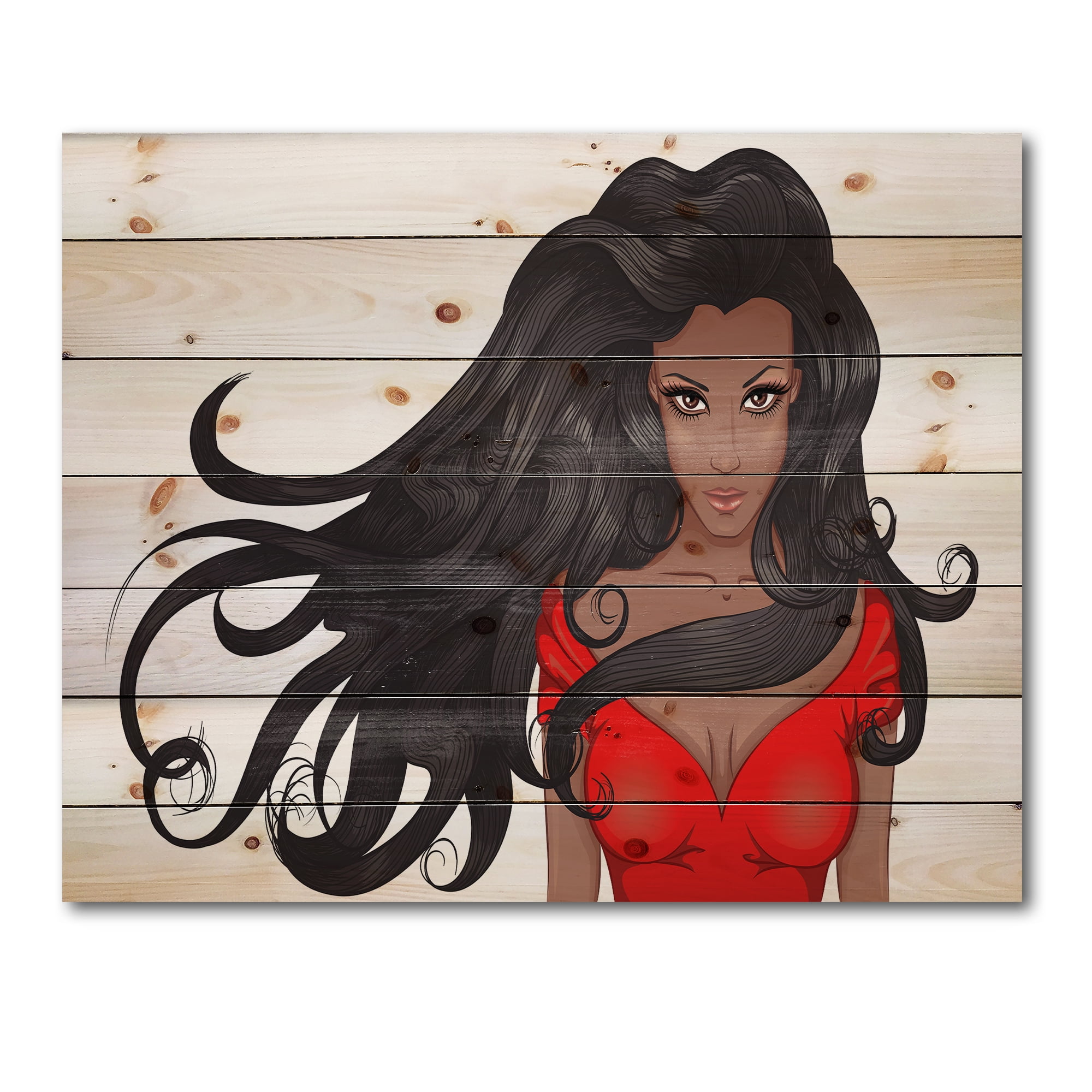 Designart 'Portrait of African American Female XIV' Modern Print on Natural Pine Wood