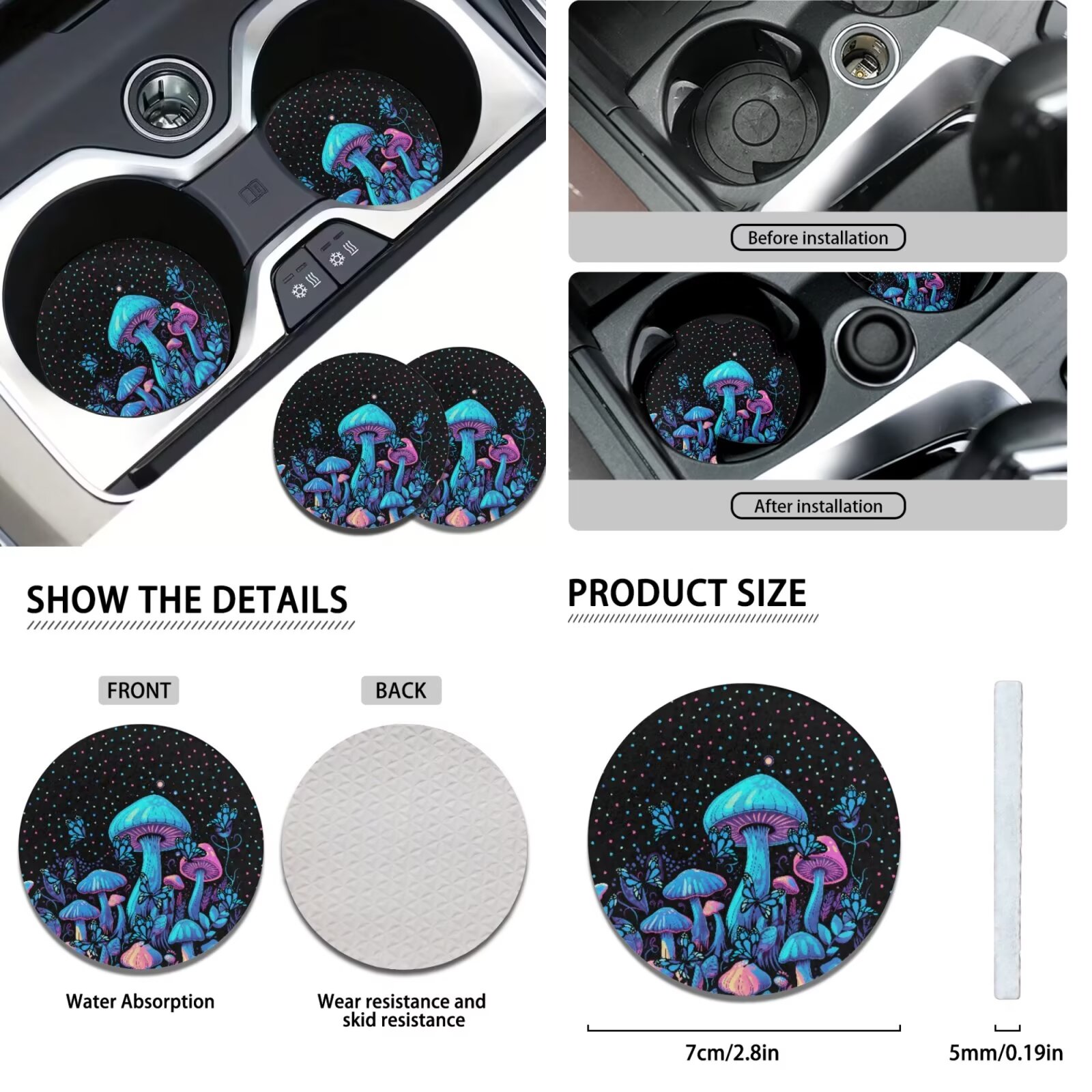 Garronmavis Blue Mushroom Car Seat Covers Full Set Breathable Auto Interior Protector with Cars Headrest Protectors+Wristlet Keychain+Auto Cup Coaster+Handbrake Gear+Shift Knob Cover