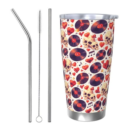 

Goofa rock Skull record heart for 20 oz Skinny Tumbler Stainless Steel Coffee Mug Slim Vacuum Insulated Travel Cup Car Cup-Straw Three-piece Set
