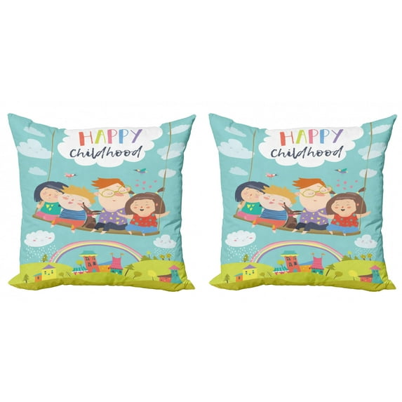 Nursery Throw Pillow Cushion Cover Pack of 2, Happy Kids on a Swing with Dog Childhood Dreams Themed Cartoon Town Rainbow Design, Zippered Double-Side Digital Print, 4 Sizes, Multicolor, by Ambesonne