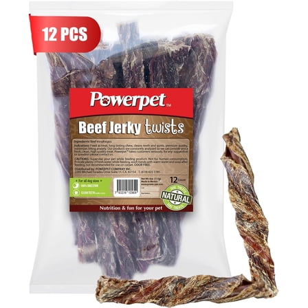 Powerpet Treats Beef Jerky Twists - 100% Natural Dog Chews - High Protein, Low Fat - Made from Beef Esophagus - Promotes Dental Health - Long-Lasting Treats - Great for All Breeds - Pack of 12