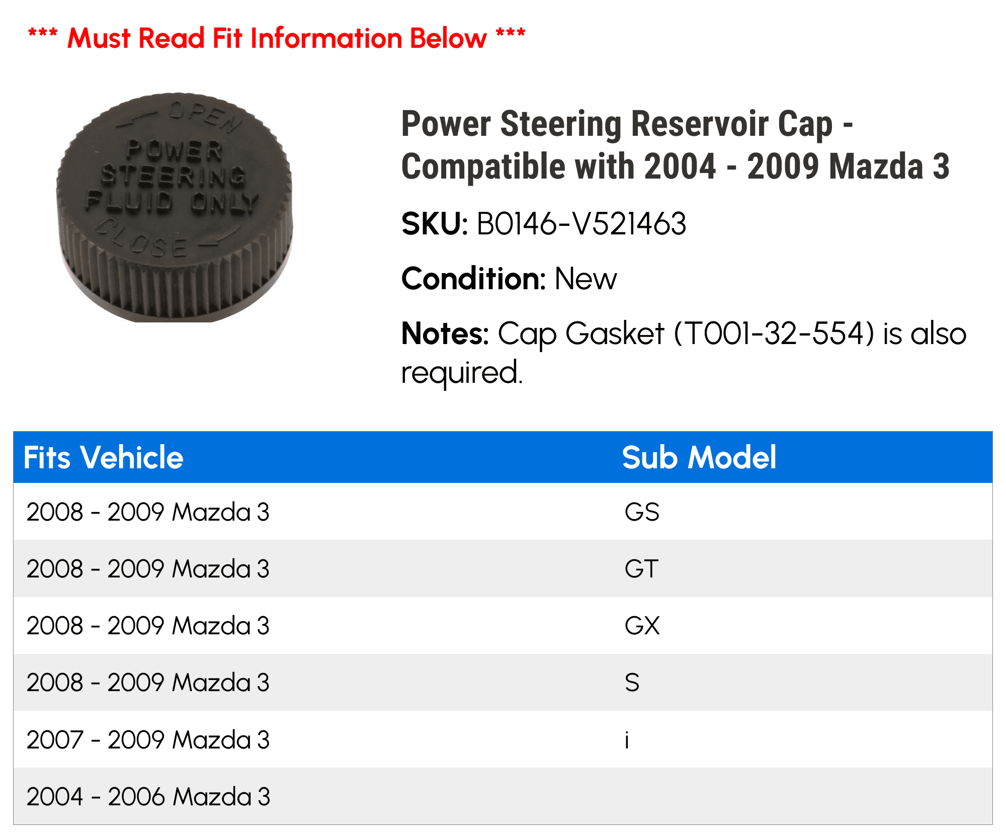 Power Steering Reservoir Cap - Compatible with 2004 - 2009 Mazda 3 2005 2006 2007 2008