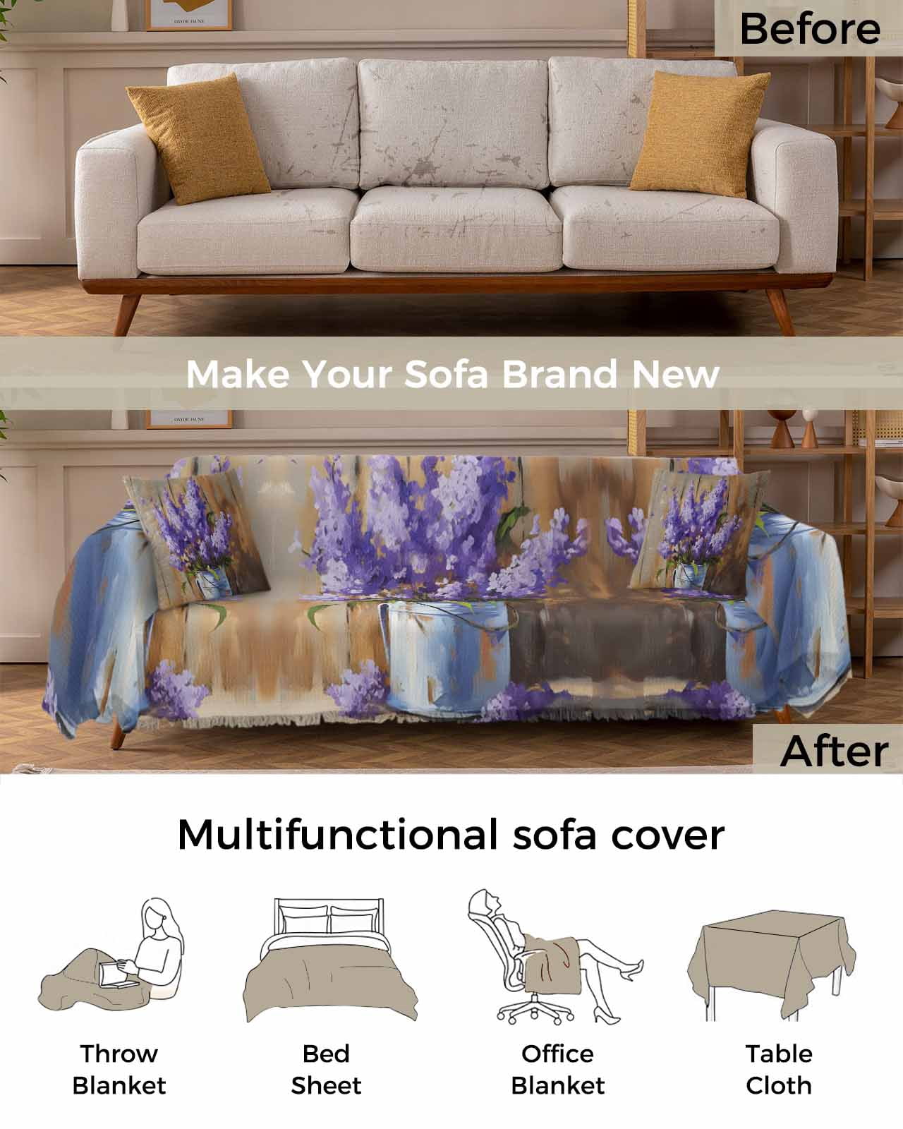 Purple Lavender Sofa Covers for 3 Cushion,Washable Couch Cover for Sectional Sofa Slipcovers with Tassel,Farmhouse Abstract Oil Painting Flower Loveseat Covers Futon Cover Throw Blanket 71''x118''