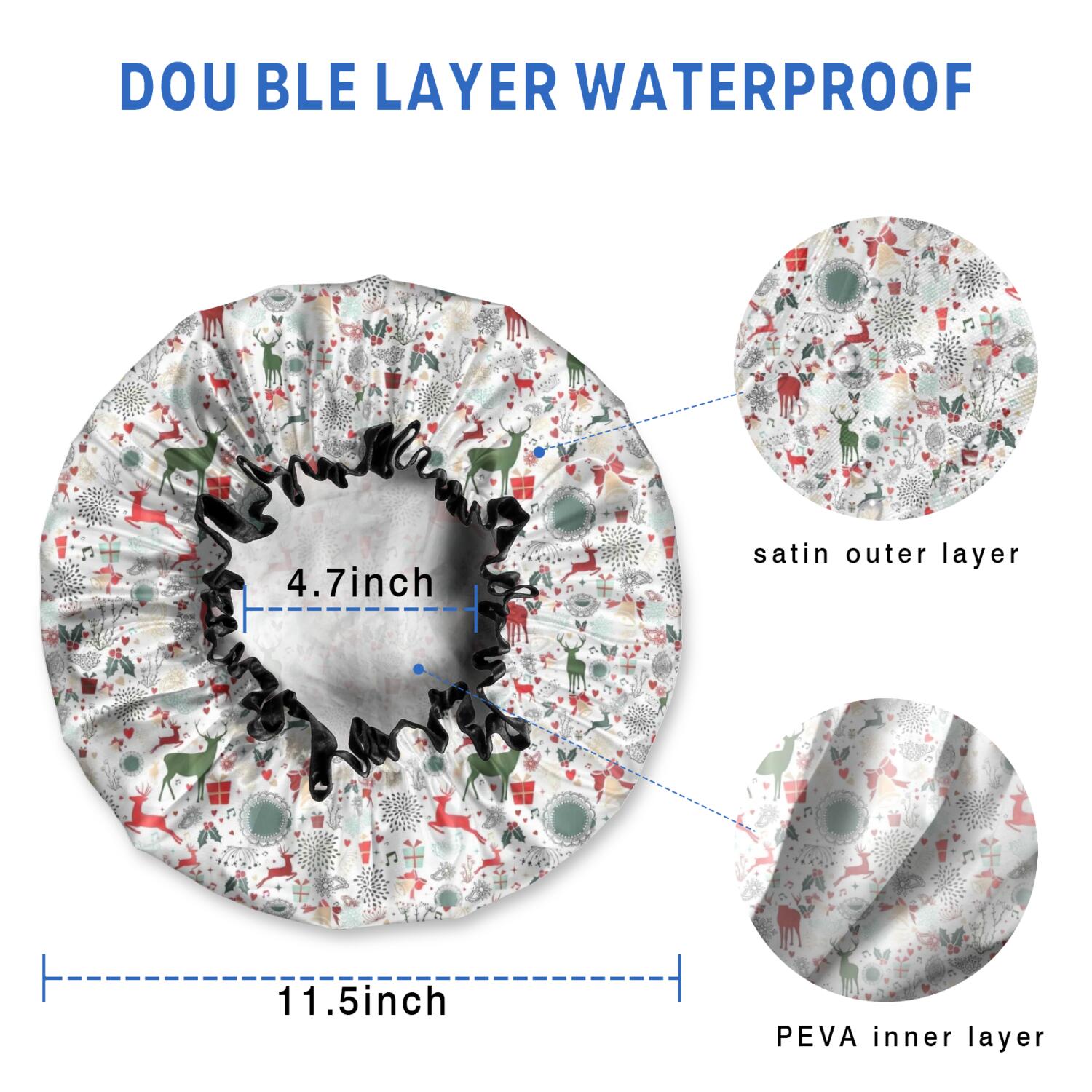 Shower Caps,White Christmas Deer and Gift Pattern Waterproof Shower Cap for Women 4 Pieces,Double Reusable Hair Cover for Shower PEVA Elastic Stretch Hem
