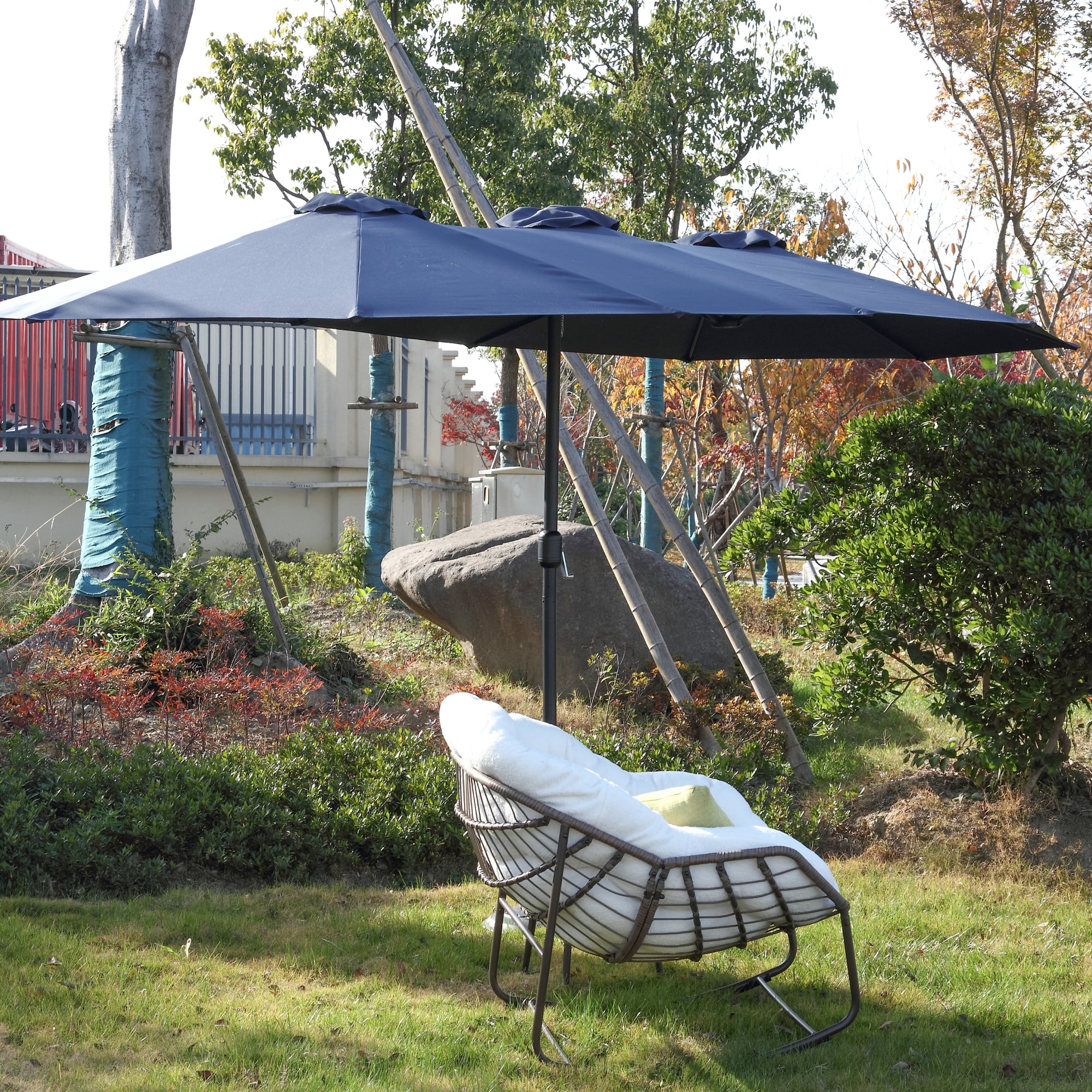 Leumius Large Patio Umbrella,Outdoor Double-Sided Rectangle Big Market Umbrella with Crank Stand,Outside Umbrellas for Poolside Lawn Backyard,Navy Blue(No Base)
