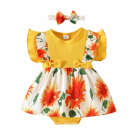 

Virmaxy Toddler Baby Girls Onesies Dress Suit Infant Girls Small Flying Sleeve Strawberry Printed Dressy Jumpsuit Lace Sleeveless Bowtie Romper Dress with Hairband 2 Piece Set Yellow 9-12 Months