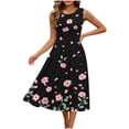 thumbnail image 7 of Women's Elegant Sleeveless Midi A-Line Dress Crew Neck Large Floral Print High Waisted Empire Waist Flare Swing Dress Chic Wedding Guest Cocktail Evening Party Apparel, 7 of 7