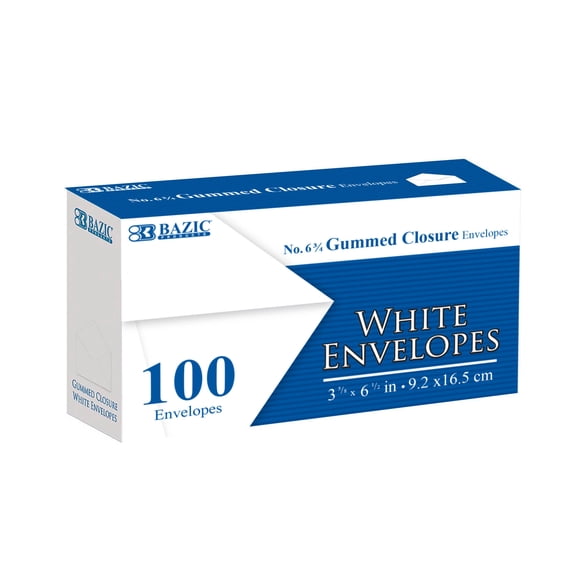 BAZIC White Envelope #6 3/4 Gummed Seal 3 5/8 x 6 1/2 Mailing Envelopes, 100-Count