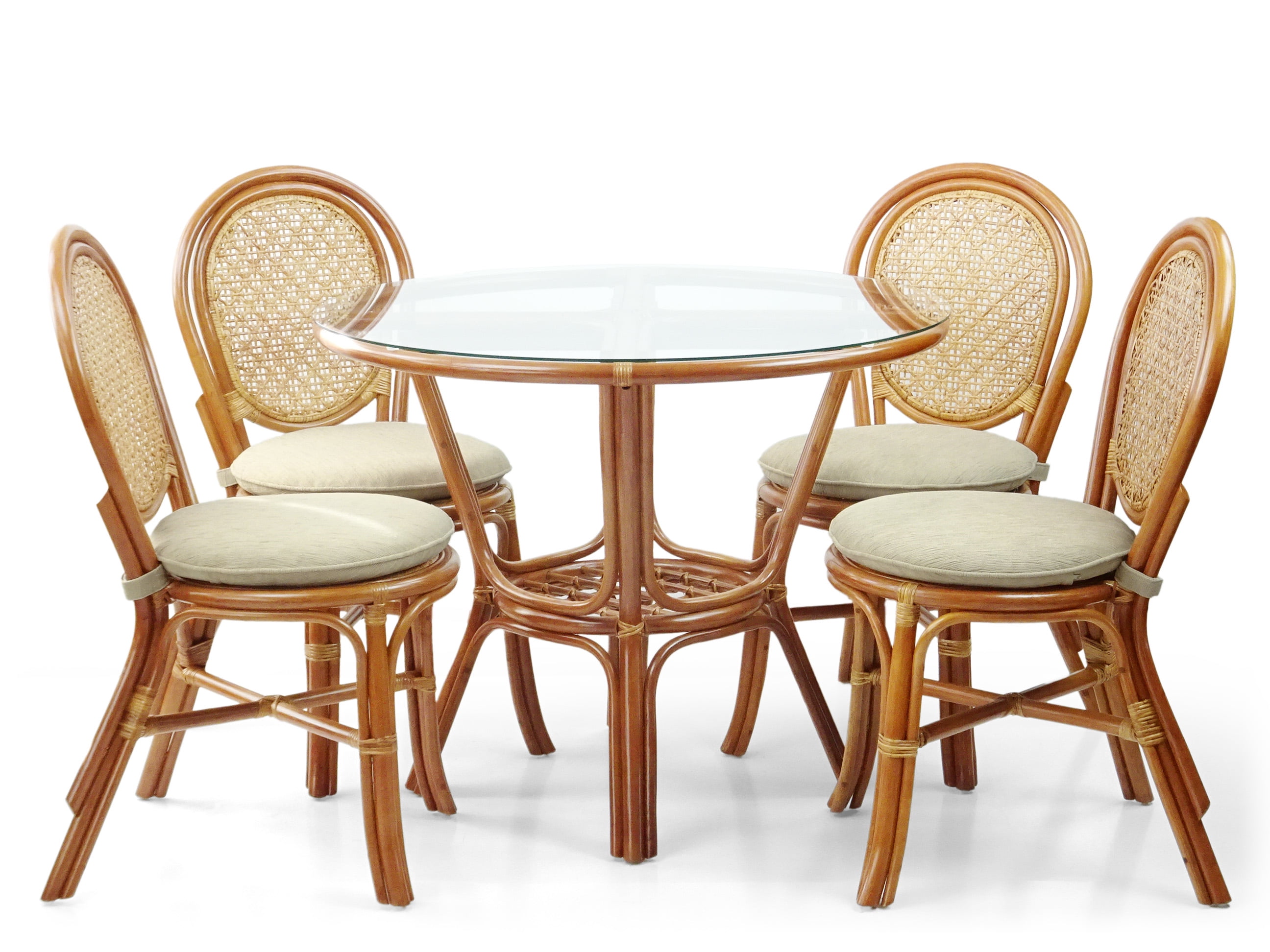 Set of 4 Denver Dining Handmade Wicker Side Chairs with Cream Cushions Natural Rattan, Colonial Color