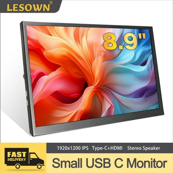 LESOWN Mini Portable Monitor 8.9 inch External LCD Screen HDMI IPS 1920x1200 USB C Secondary Monitor with Speakers for Computer Raspberry Pi