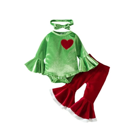 

Ma&Baby Toddler Baby Girls Christmas Outfit Sets Green Long Sleeve Heart Print Romper + Red Flared Pants + Headband