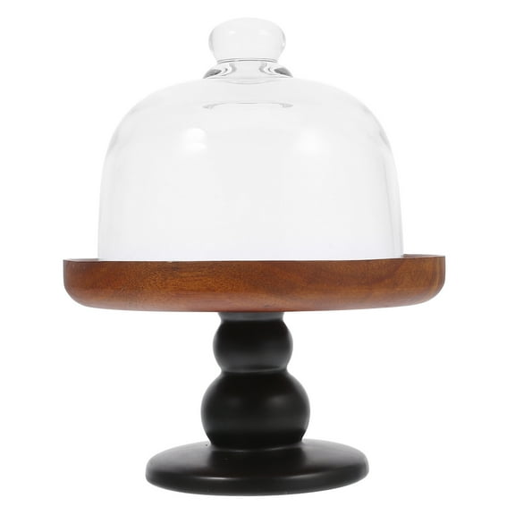 PTOOTP Brown Acacia Wood Cake Stand with Tall Glass Dome Cover for Displaying Cakes, Pastries, and Desserts