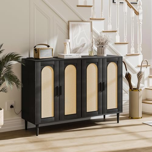 Huloretions Rattan Sideboard Buffet Cabinet, 4 Doors Accent Storage Cabinet, Sideboard Buffet Table with Power Outlet, Adjustable Shelves for Kitchen, Dining Room, Hallway, Living Room, Black