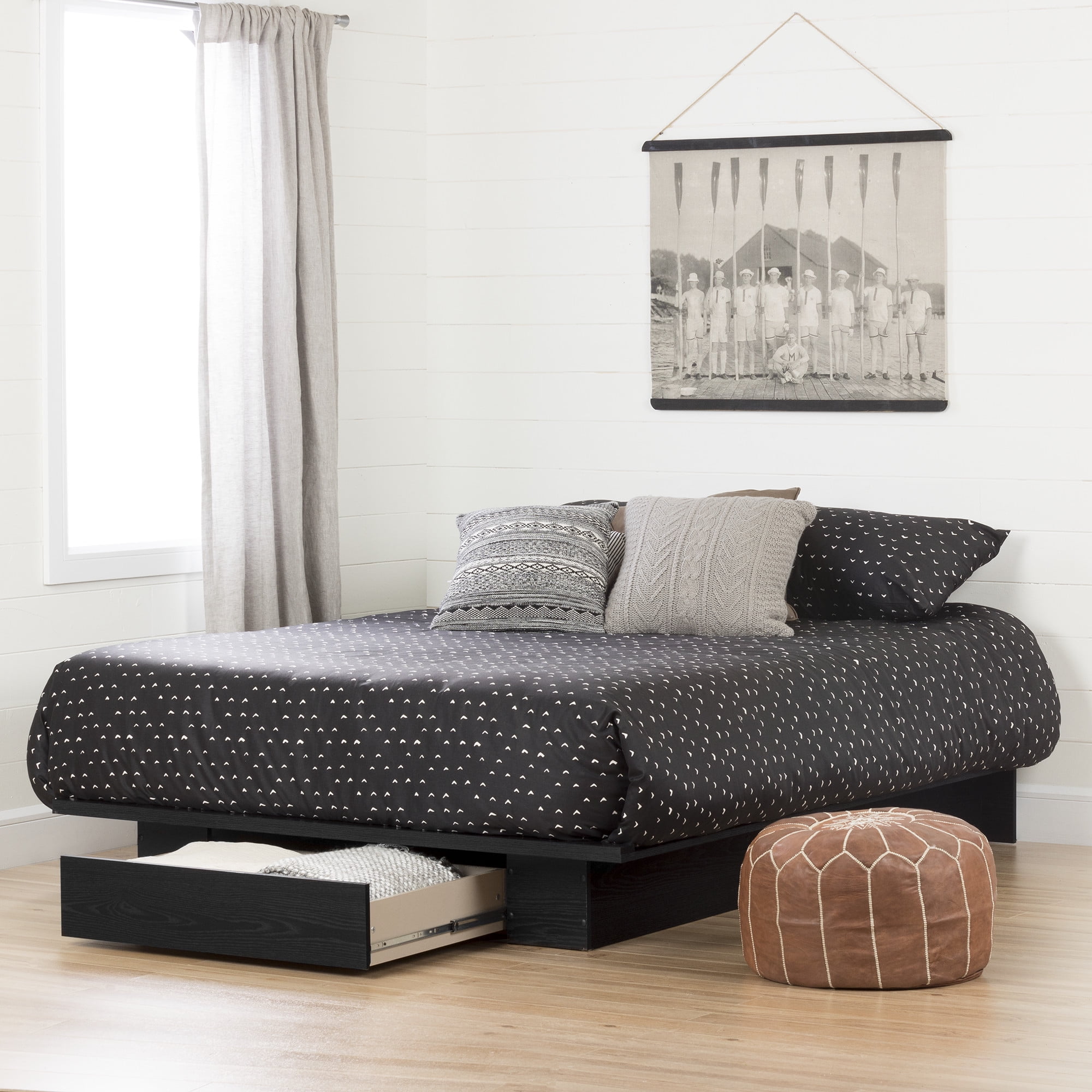 South Shore Holland Full/Queen Platform Bed with Drawer, in Black Oak