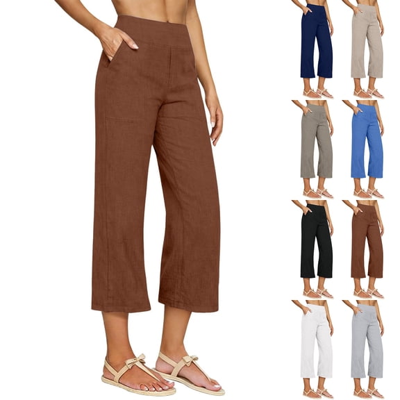 Fengqque Women's Linen-cotton Capri Pants High Waisted Wide Leg Elastic Waist Palazzo Pants with Pocket White XL(XL)