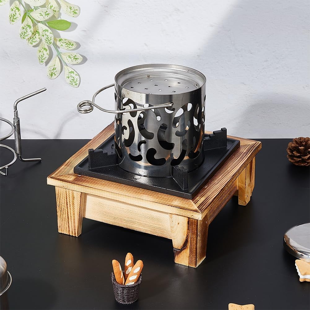 1 pc Barbecue Camp Stove 7.3x7.2inch Portable Alcohol Stove with Wooden Shelf Outdoor Cooking Furnace Family Picnic Stove Suitable for Soup Pot Baking Tray Kettle