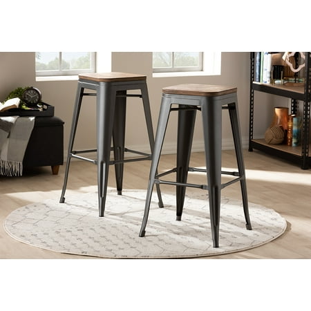 Stackable Bar Stool Set of 2 Baxton Studio Henri Vintage Rustic Industrial Style Tolix-Inspired Bamboo and Gun Metal-Finished Steel Stackable Bar Stool Set ()