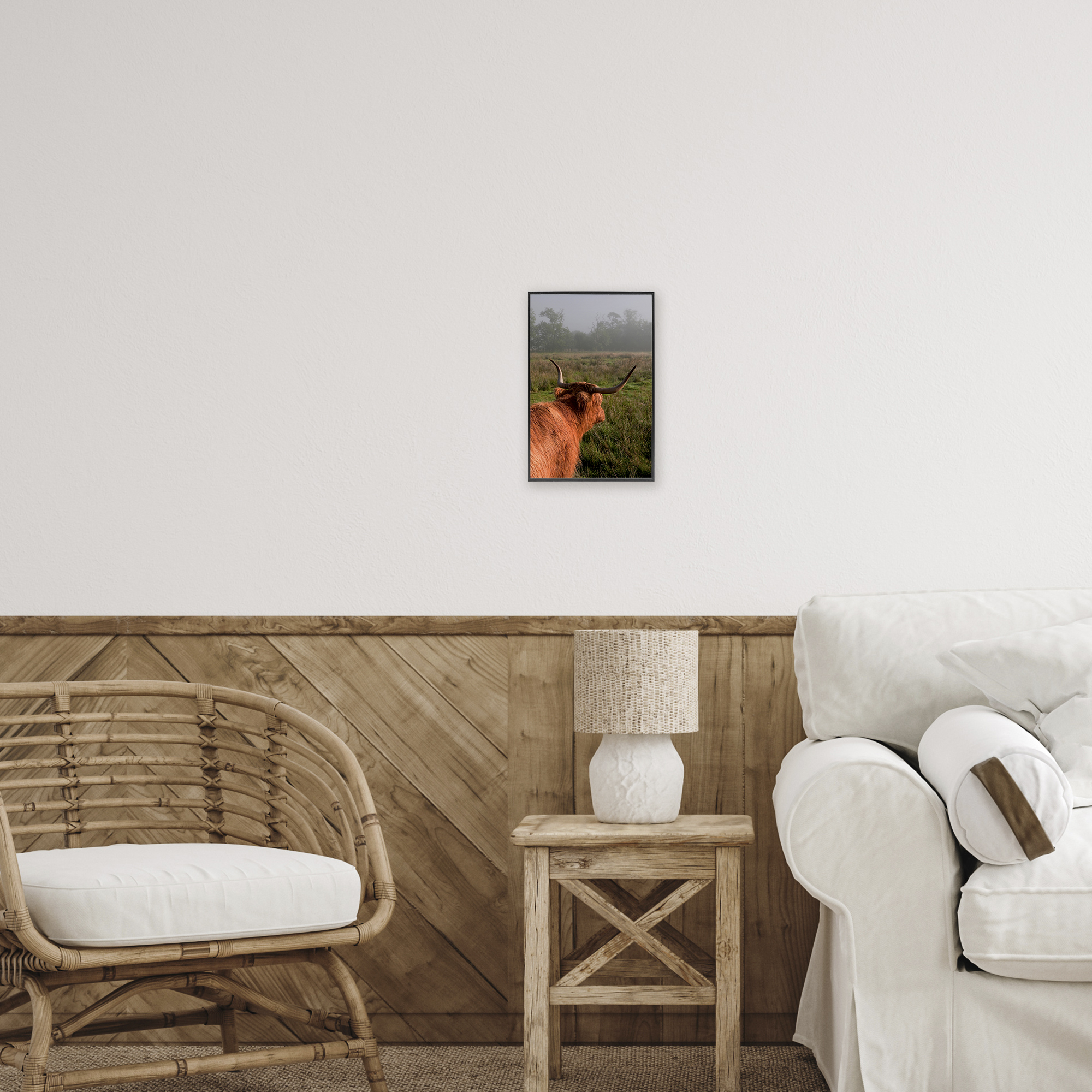 Highland Cow Gazing Out Black Framed Giclee Art, design by Jenny Rainbow Fine Art