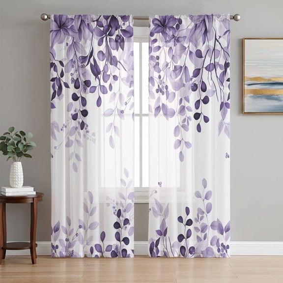 Purple Sheer Curtains 72 Inch Length 2 Panels for Living Room, Eucalyptus Leaves Voile Kitchen Curtain Set, Luxury Privacy Drapes Window Treatment for Bedroom
