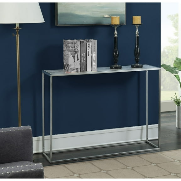 Convenience Concepts Gold Coast Faux Marble Console Table in Silver Metal Finish