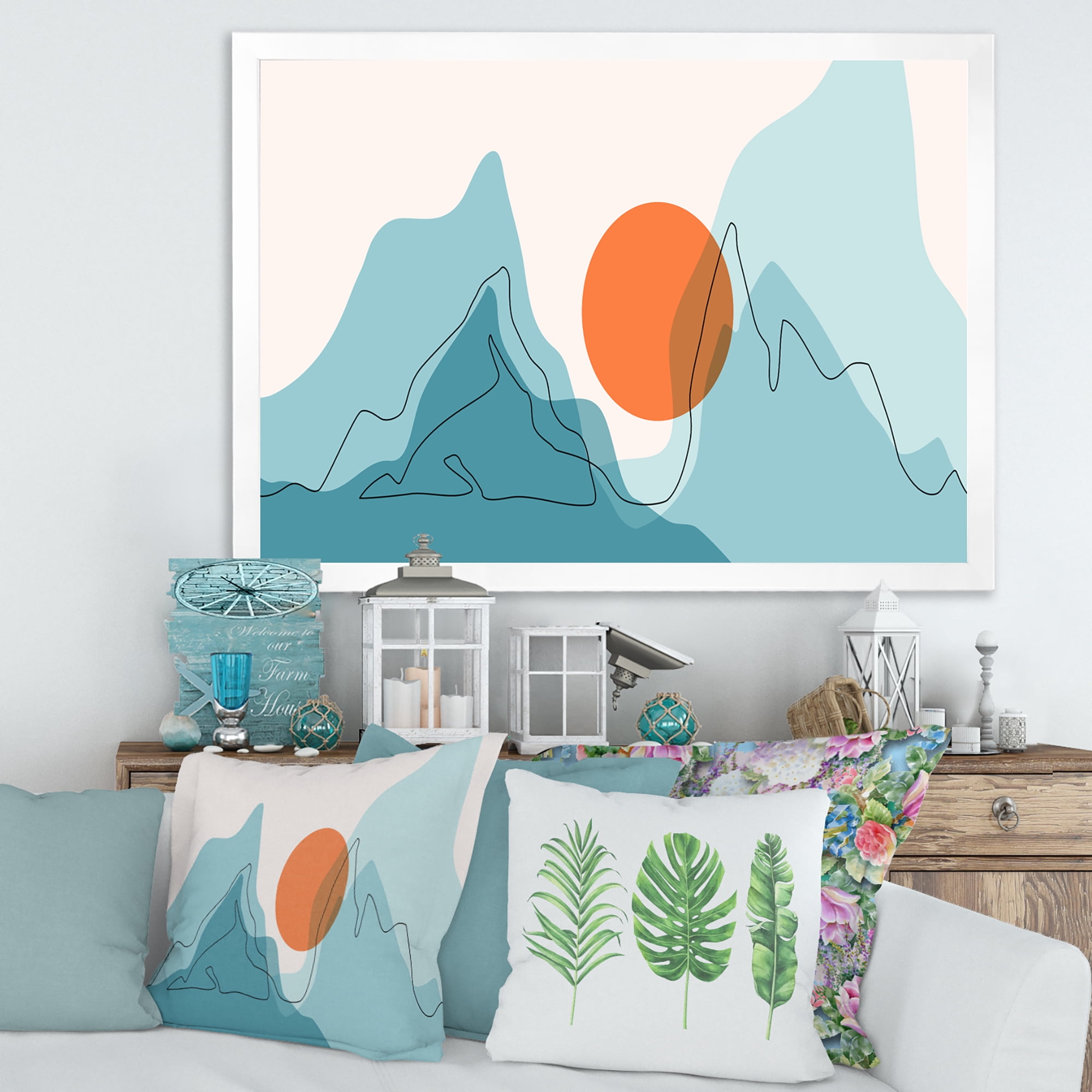Designart 'Abstract Blue Mountains With Red Moon I' Modern Framed Art Print