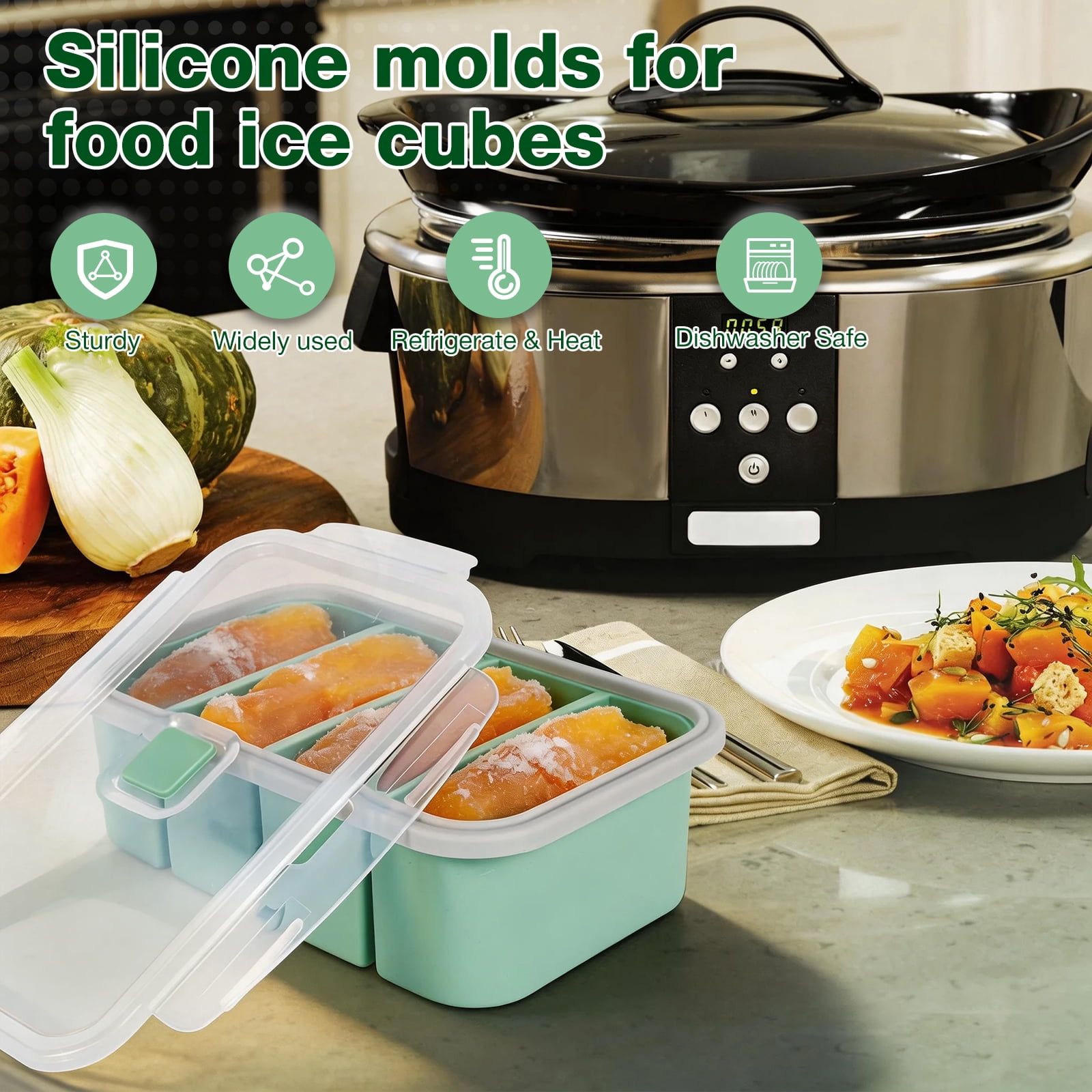 Xiyztok 2PCS Silicone Freezer Molds with Lids, 1 Cup Soup Freezer Container Ice Cube Tray, Green