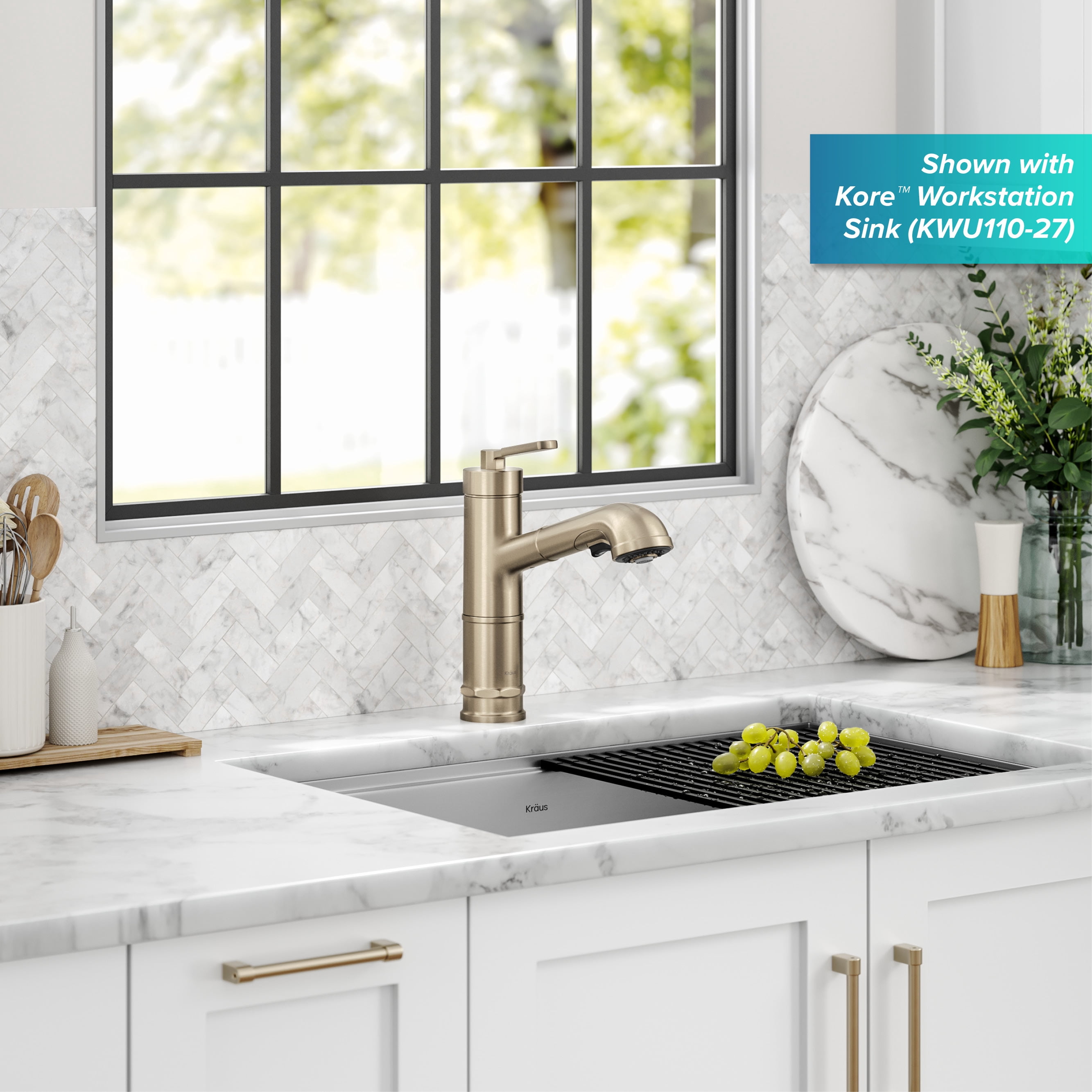 KRAUS Allyn Pull-Out Single Handle Kitchen Faucet in Spot-Free Antique Champagne Bronze