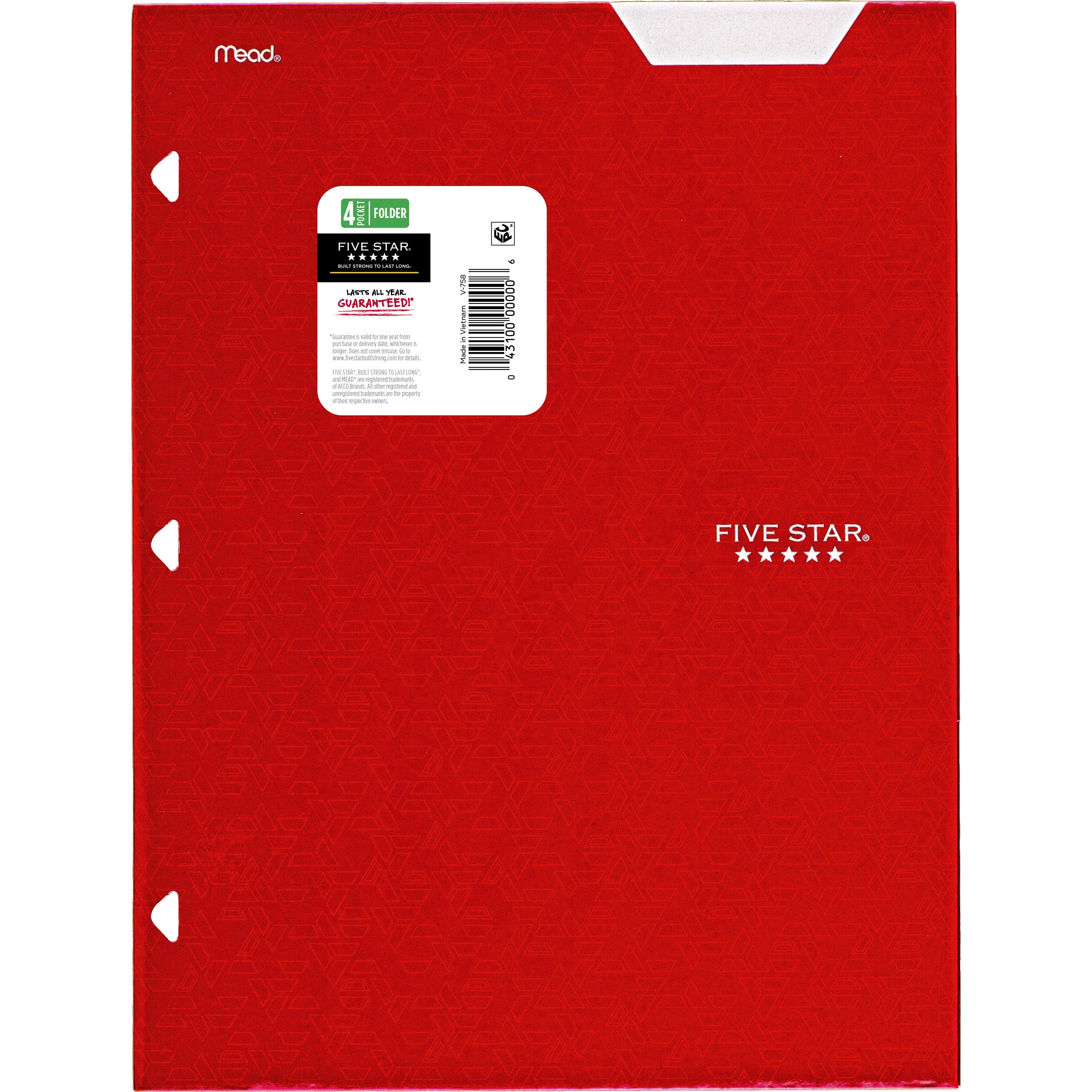 (12 pack) Five Star 4-Pocket Paper Folder, Fire Red (331060B-WMT22)
