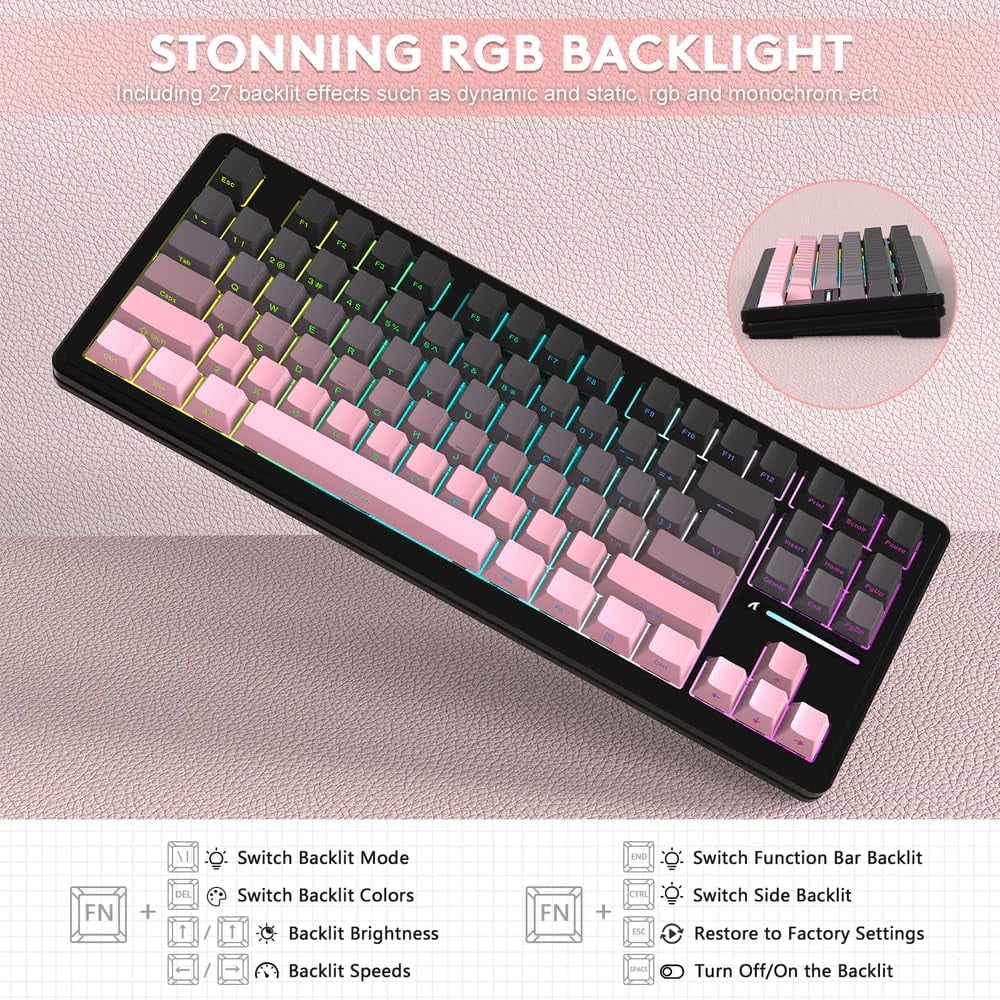 ATTACK SHARK M87PRO Wireless Mechanical Gaming Keyboard,Hot Swappable Gasket RGB Custom Keyboard,Linear Switch&Side Printed PBT Keycaps,BT5.0/2.4Ghz/Type-C,5000mAh Battery for Win Mac,Gradient Pink
