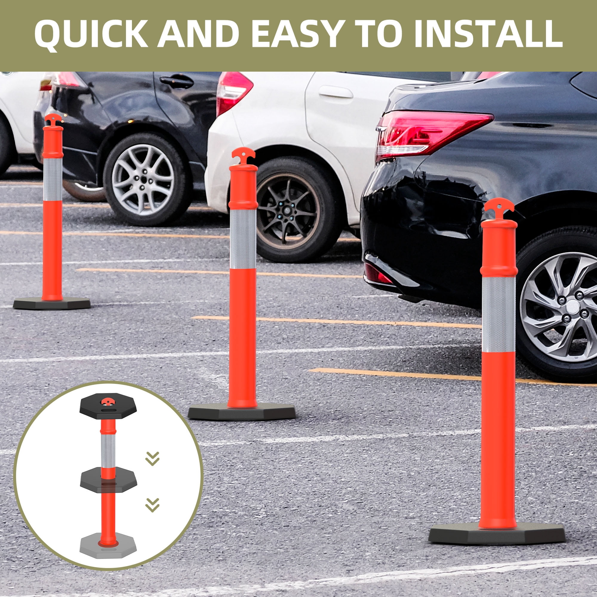 Uforic Delineator Post Set with Base, 3-Piece Durable Traffic Safety Posts for Parking Lots & Construction Zones