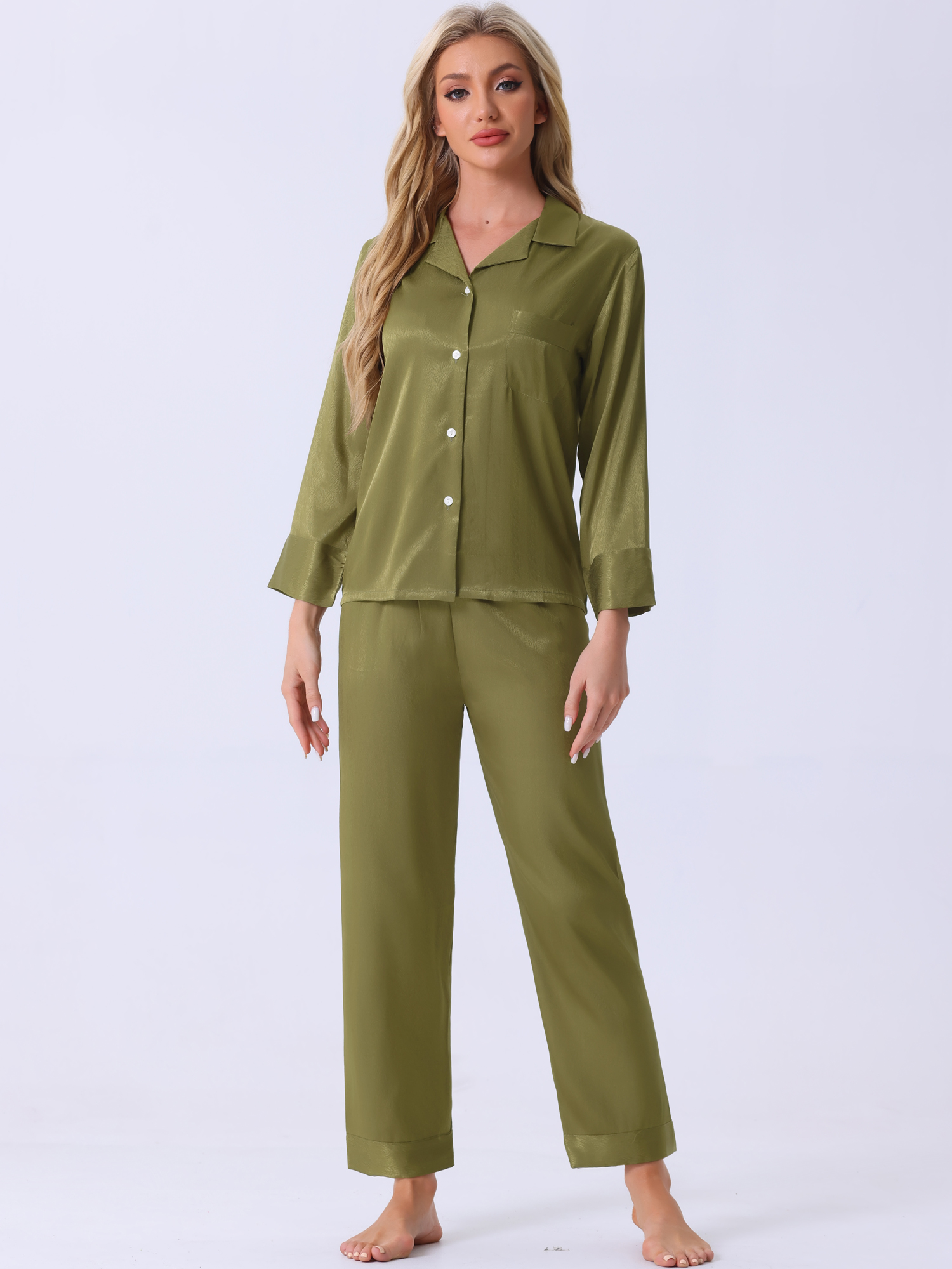 DARING DIVA Women's Satin Button Down Shirt with Pants Pajamas Sets XS Green