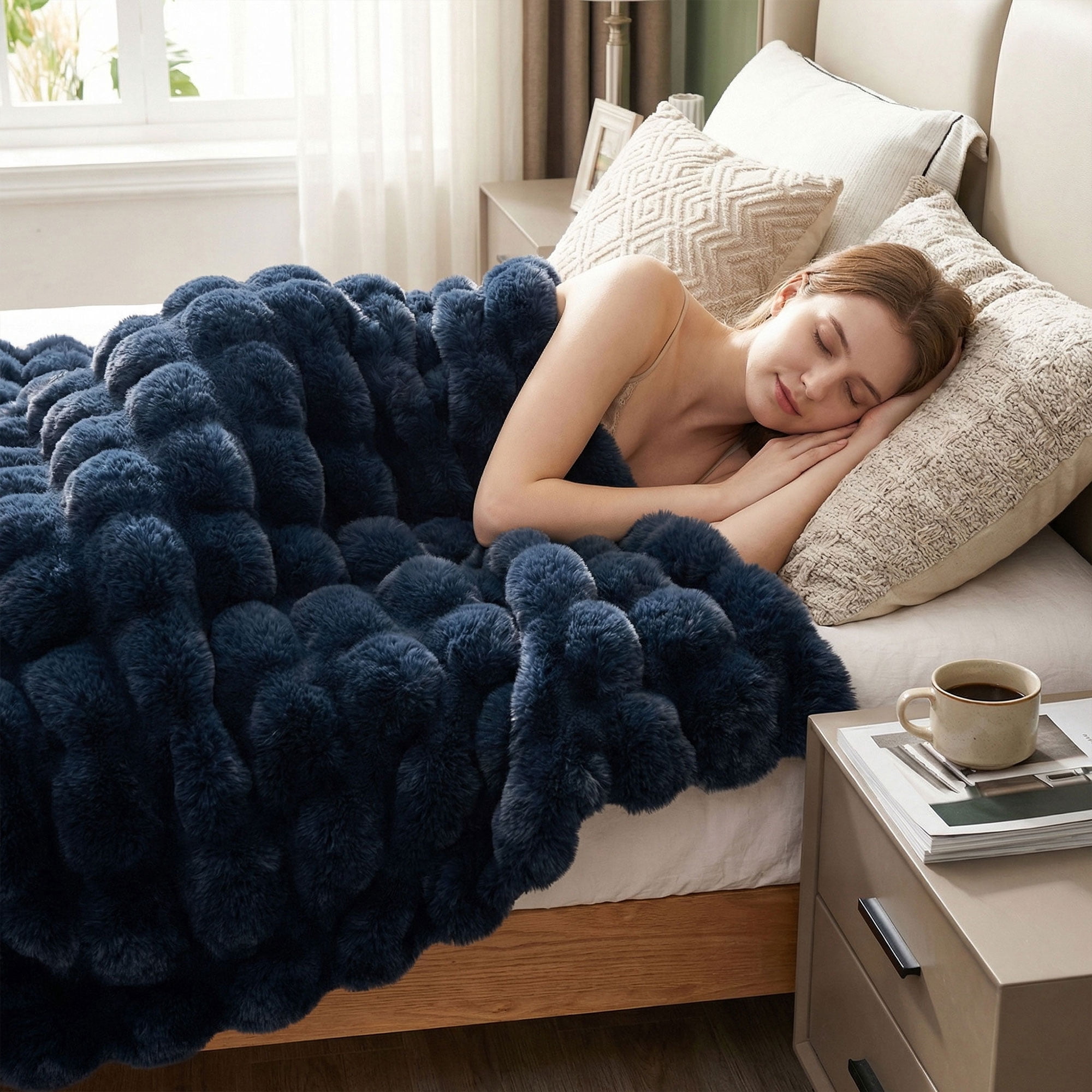 JONIYEAR Soft Solid Decorative Fuzzy Bubble Faux Rabbit Fur Throw Blanket for Couch 50" x 60", Double Sided Cute Plush Thick Warm Fluffy Blanket,Luxury Cozy Puffy Shaggy Comfy Furry Blanket,Navy Blue
