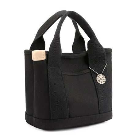 

Small Tote Bag for Women Wear Resistant Zipper Handbag with Short Handles with a Pendant Solid Color Black Portable