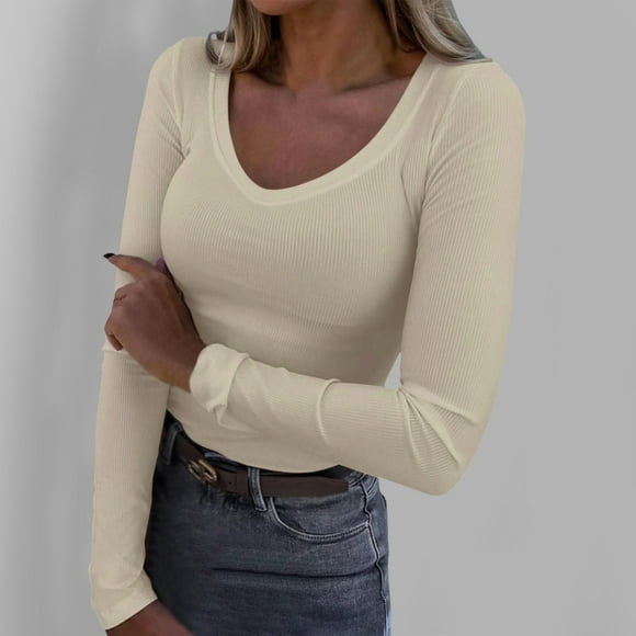 TINZ Chemises à Manches Longues pour Femmes Col Carré Ajusté Hauts Basiques Décontractés Côtelés Thermiques sous-Vêtements Extensibles Chemises pour Femmes sous-Vêtements Décontractés à Manches Longues pour Femmes