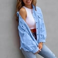 thumbnail image 3 of OGLCCG Women's Denim Jacket Loose Fit Perforated Long Sleeve Button Down Jean Coat Solid Color Casual Spring Outerwear with Pockets,XXL,Sky Blue, 3 of 5